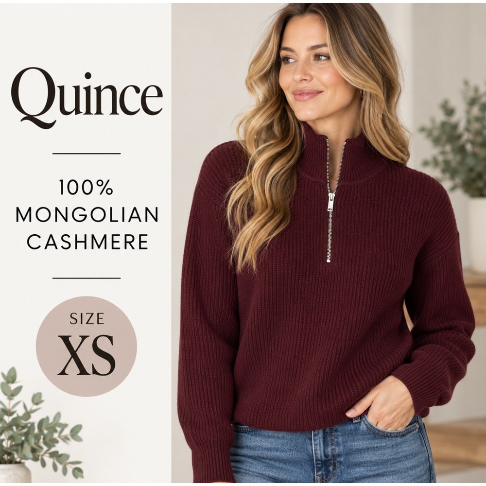 Quince Cashmere Quarter Zip Sweater XS Burgundy Ribbed Pullover Knit Winter Cozy